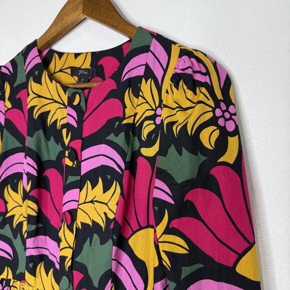 J Crew Dress Womens 2 Bold Floral Bright Long Sleeve Tiered Button Front Mini - Picture 2 of 7